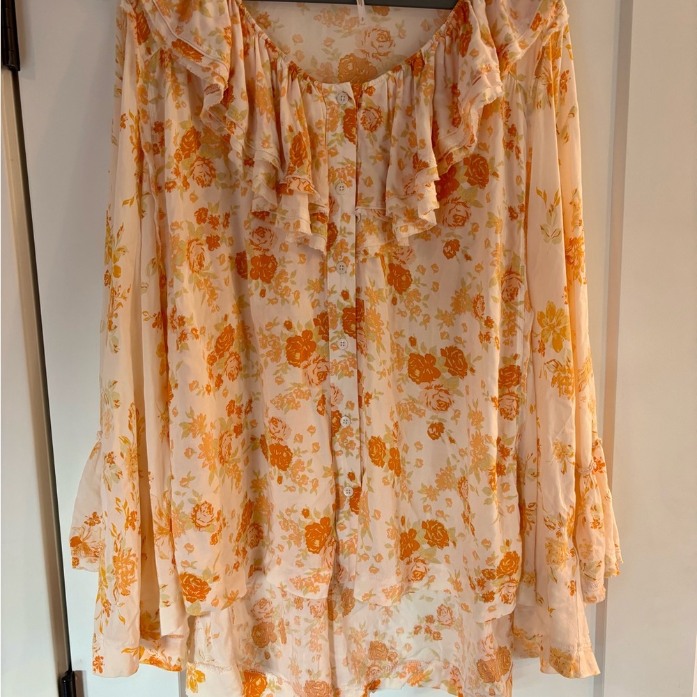 Free People Floral Ruffle Blouse - Orange and Cream